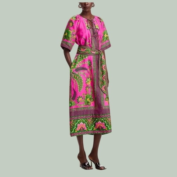FARM Rio Dresses & Skirts - Farm Rio NWT‎ SZ Sm Ana Tie Front Pink Floral Linen Blend Kaftan Midi Dress